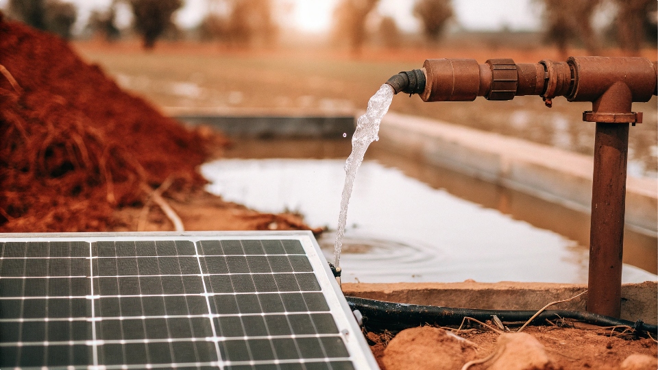 A close-up of water flowing from a solar pump outlet pipe